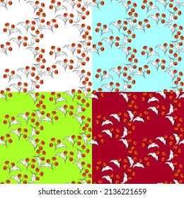 Vector seamless half-drop pattern, with leaves and bud