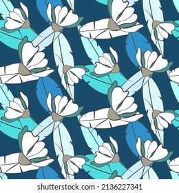 Vector seamless half-drop pattern, with leaves and flowers