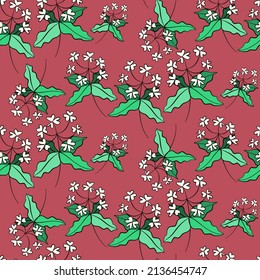 Vector seamless half-drop pattern, with leaves and flowers