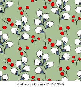 Vector seamless half-drop pattern, with leaves and bud