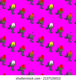 Vector seamless half-drop pattern, with leaves and rose