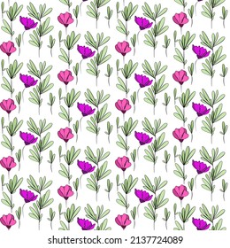 Vector seamless half-drop pattern, with leaves and flowers