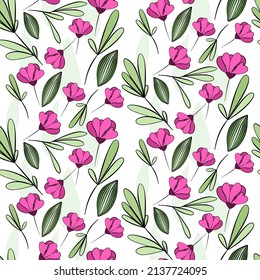 Vector seamless half-drop pattern, with leaves and flowers