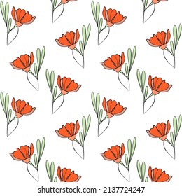 Vector seamless half-drop pattern, with leaves  and flowers