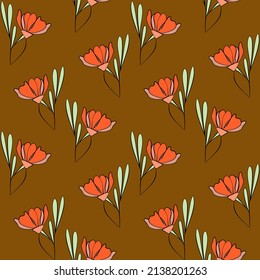 Vector seamless half-drop pattern, with leaves  and flowers