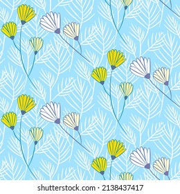 Vector seamless half-drop pattern, with leaves and flowers