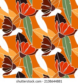 Vector seamless half-drop pattern, with leaves and flowers
