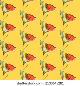 Vector seamless half-drop pattern, with leaves  and flowers