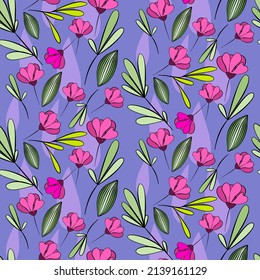 Vector seamless half-drop pattern, with leaves and flowers