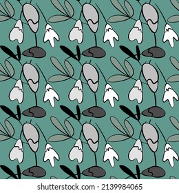 Vector seamless half-drop pattern, with leaves and flowers
