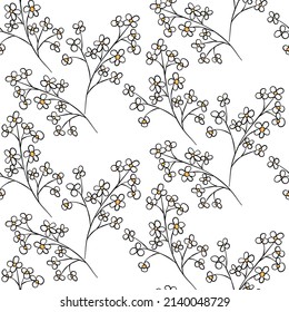 Vector seamless half-drop pattern, with leaves and flowers