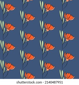 Vector seamless half-drop pattern, with leaves and flowers