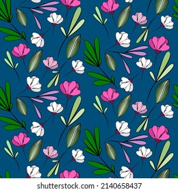 Vector seamless half-drop pattern, with leaves and flowers
