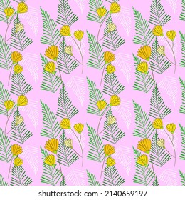 Vector seamless half-drop pattern, with leaves and flowers