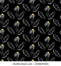 Vector seamless half-drop pattern, with leaves and flowers