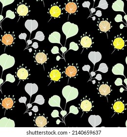 Vector seamless half-drop pattern, with leaves and flowers