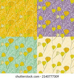 Vector seamless half-drop pattern, with leaves and flowers