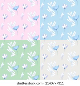 Vector seamless half-drop pattern, with leaves and flowers