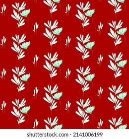 Vector seamless half-drop pattern, with leaves and flowers