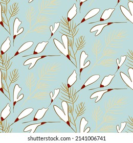 Vector seamless half-drop pattern, with leaves and flowers