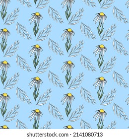 Vector seamless half-drop pattern, with leaves and flowers
