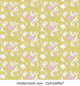 Vector seamless half-drop pattern, with leaves and flowers