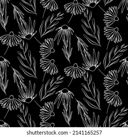 Vector seamless half-drop pattern, with leaves and flowers