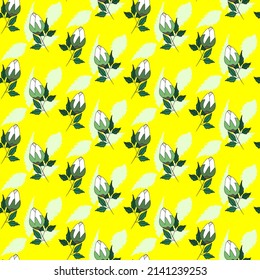 Vector seamless half-drop pattern, with leaves and rose