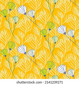 Vector seamless half-drop pattern, with leaves and flowers