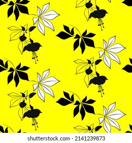 Vector seamless half-drop pattern, with leaves and flowers