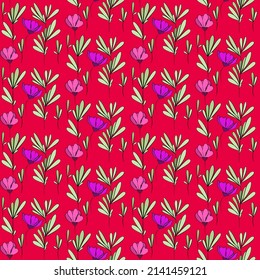 Vector seamless half-drop pattern, with leaves and flowers