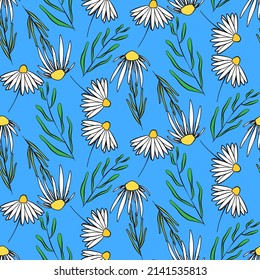 Vector seamless half-drop pattern, with leaves and flowers