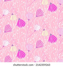 Vector seamless half-drop pattern, with leaves and flowers