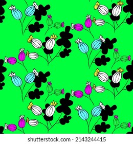 Vector seamless half-drop pattern, with leaves and bud