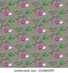 Vector seamless half-drop pattern, with leaves and flowers