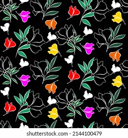 Vector seamless half-drop pattern, with leaves and flowers