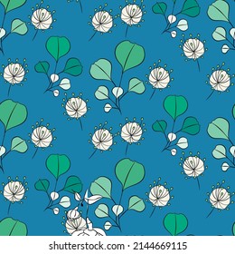 Vector seamless half-drop pattern, with leaves and flowers