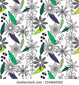 Vector seamless half-drop pattern, with leaves and flowers