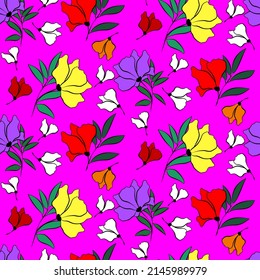 Vector seamless half-drop pattern, with leaves and flowers