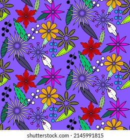 Vector seamless half-drop pattern, with leaves and flowers