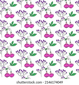 Vector seamless half-drop pattern, with leaves and flowers