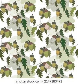 Vector seamless half-drop pattern, with leaves and acorn