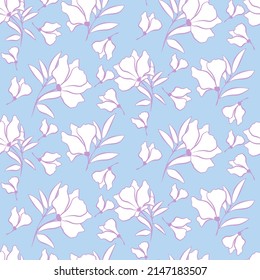 Vector seamless half-drop pattern, with leaves and flowers