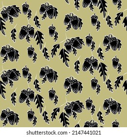 Vector seamless half-drop pattern, with leaves and acorn