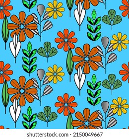 Vector seamless half-drop pattern, with leaves and flowers