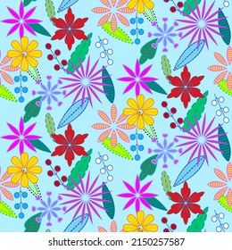 Vector seamless half-drop pattern, with leaves and flowers