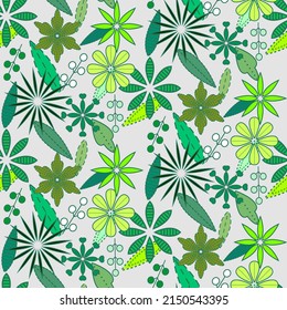 Vector seamless half-drop pattern, with leaves and flowers