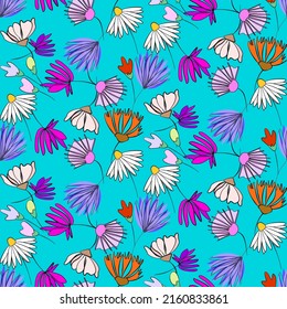 Vector seamless half-drop pattern, with leaves and flowers