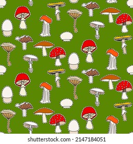 Vector seamless half-drop pattern, with mushrooms