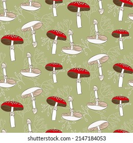 Vector seamless half-drop pattern, with mushrooms